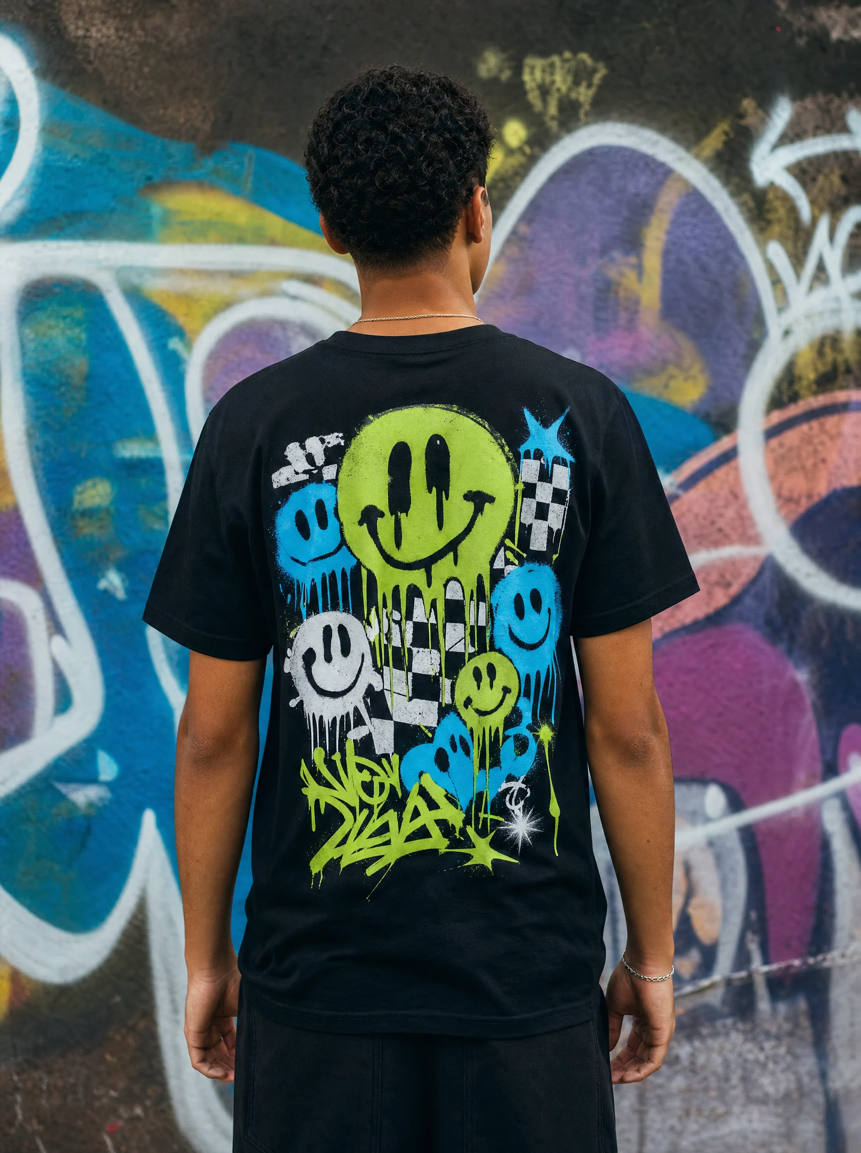 Camiseta de terceirão preta com grafite Y2K neon verde e ciano nas costas