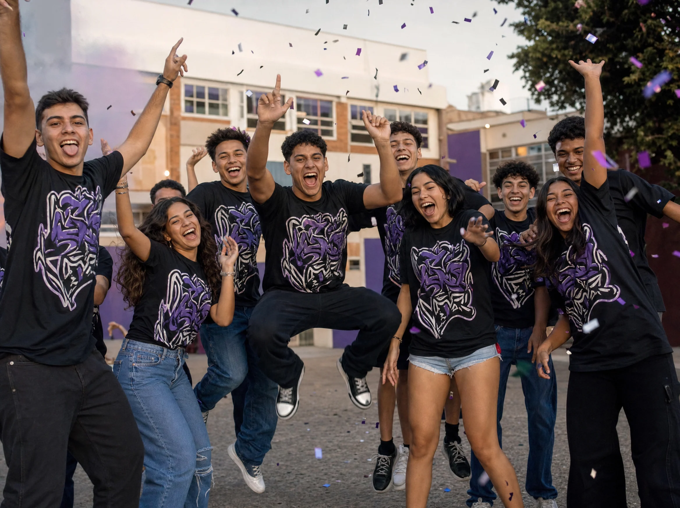 Turma inteira de terceirão comemorando com camisetas pretas personalizadas