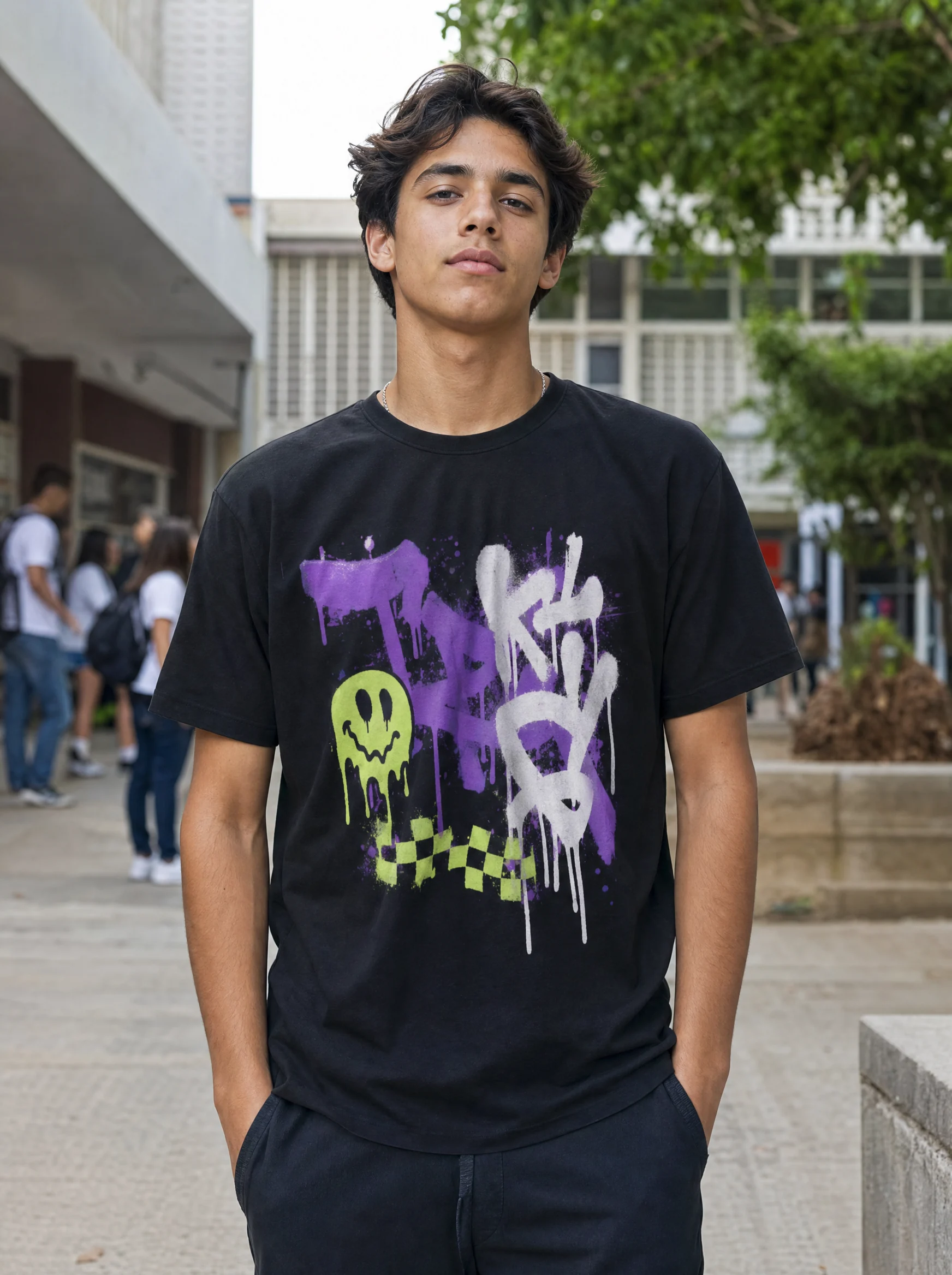 Camiseta de terceirão preta vista de frente com estampa de grafite no peito