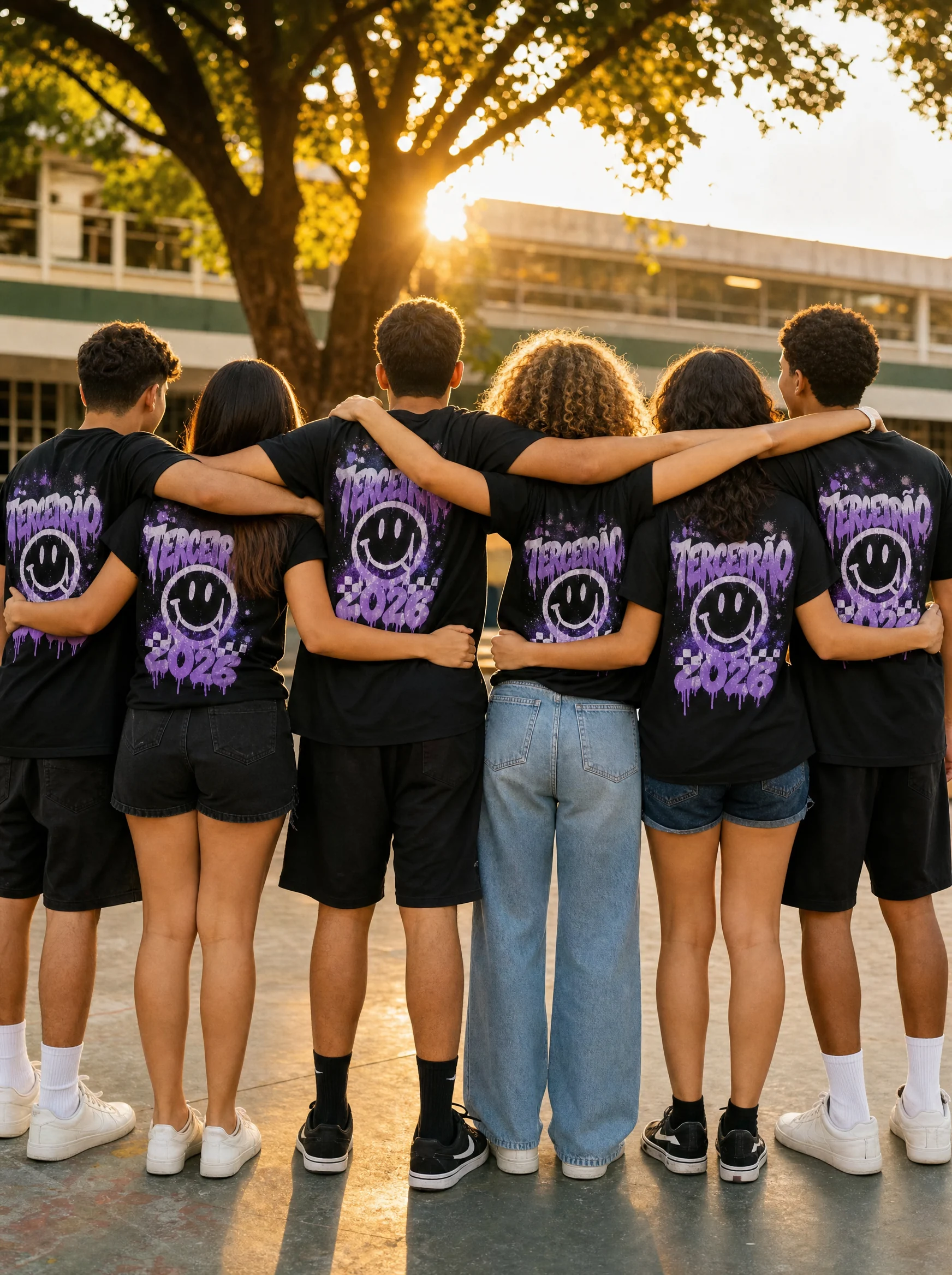 Turma de terceirão de costas com camisetas pretas personalizadas em estilo grafite roxo da Eu Faço Camisetas